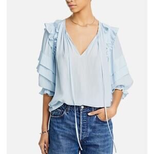 RAMY BROOK TOP WOMENS SIZE MEDIUM SAMIRA POPOVER RUFFLE SLEEVE BLOUSE BLUE NEW